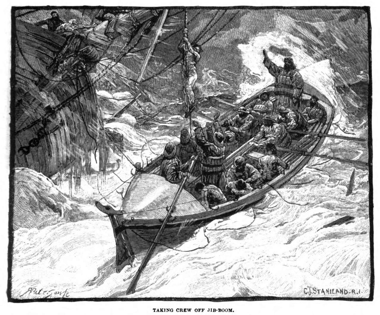 1280px Lifeboats and Lifeboat men by C F Staniland Taking the crew off by jib boom