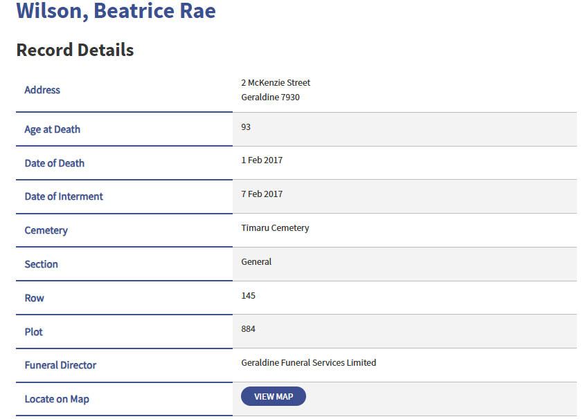 Beatrice Rae Wilson at Timaru Cemetery buried 20174 TGHS Principal burial details