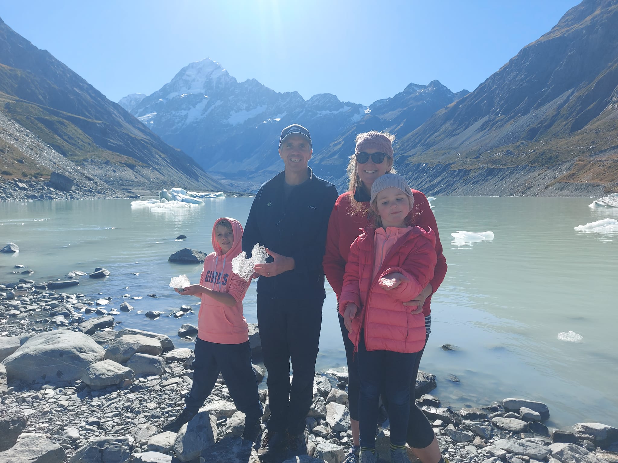 Fauth Family trip to Aoraki Mt Cook at the glacial lake with ice