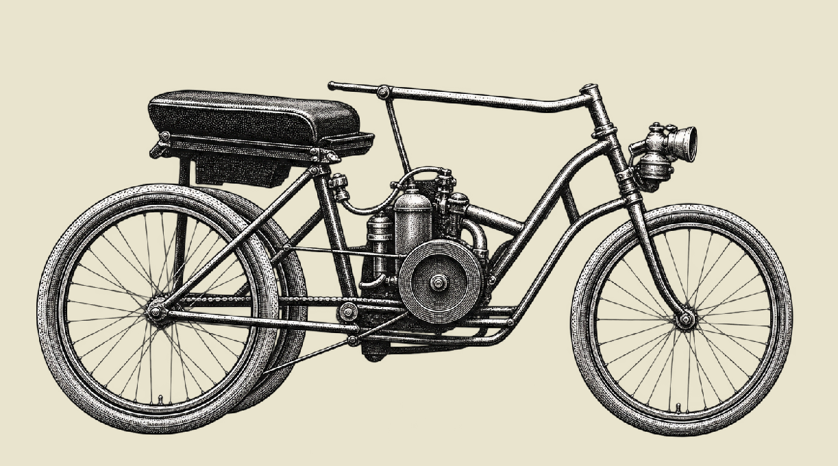 Cecil Woods engine powered three wheeler AI illustration based on a photograph Tourist Cycle Works