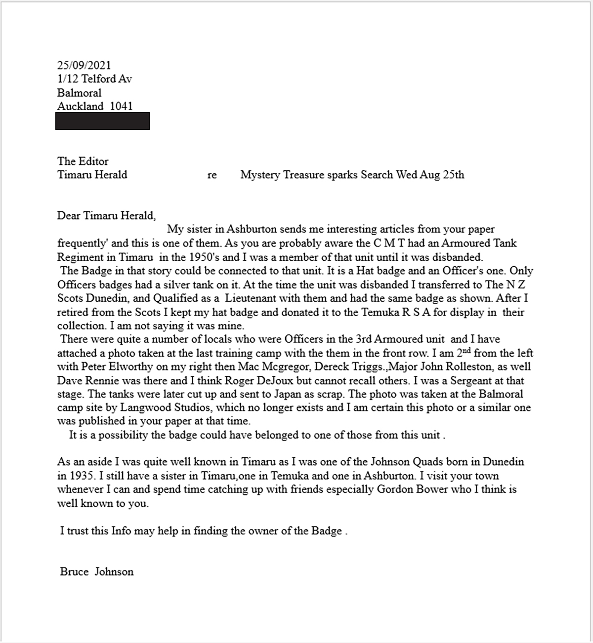 Letter about the medal that was found in Timaru