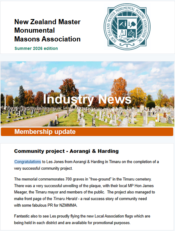 New Zealand Master Monumental Masons Association Summer newsletter screen shot