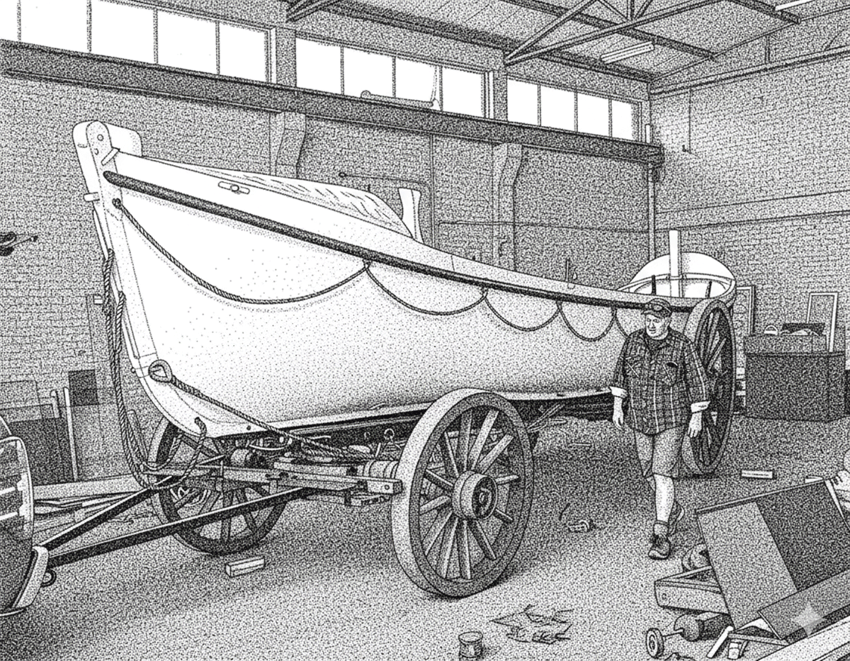 Philip Brownie with the lifeboat preparing it for its return