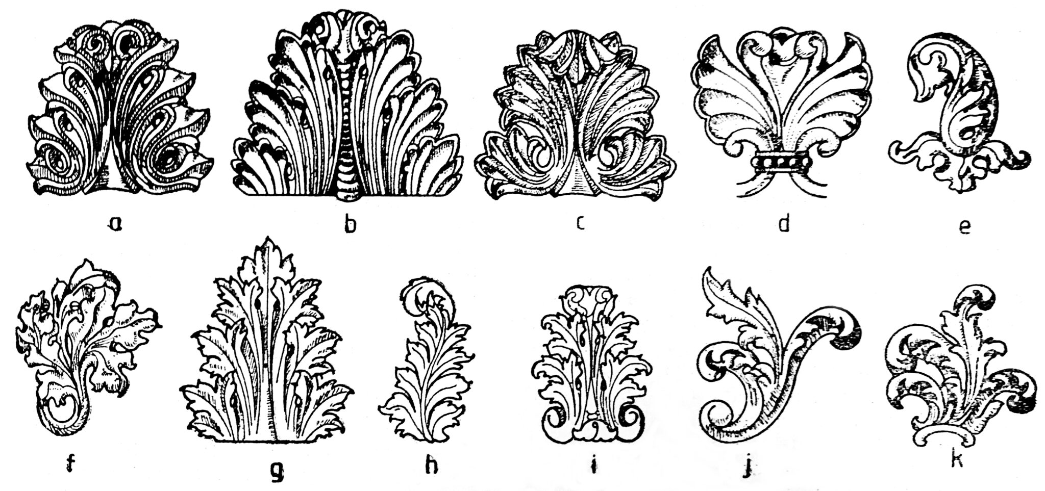 Timeline of acanthus leafes in different styles each one beaing notated with a letter. a Greek b Roman c Byzantine d Romanesque e f Gothic g Renaissance h i Baroque j k Rococo 2048x963